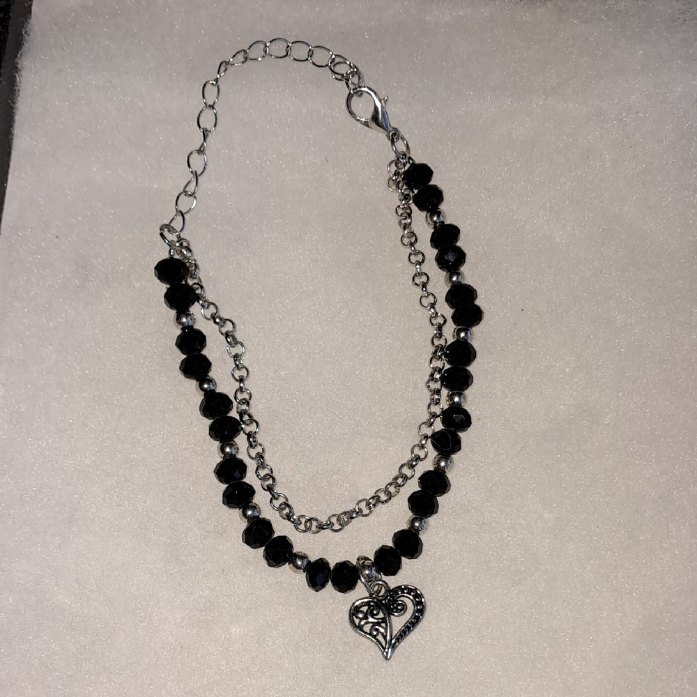 Black and Silver Beaded Bracelet with Heart Pendant